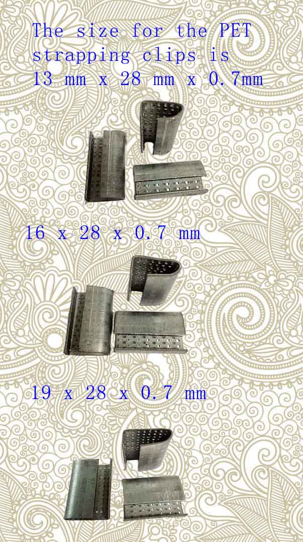 The photo of three sizes of PET-strapping clip-clips, -13 mm-, -16 mm- and -19 mm-.
